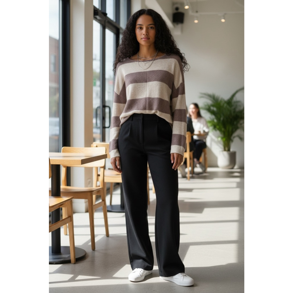 Lusso Cashmere S Beige Brown Striped Crew Neck Sweater